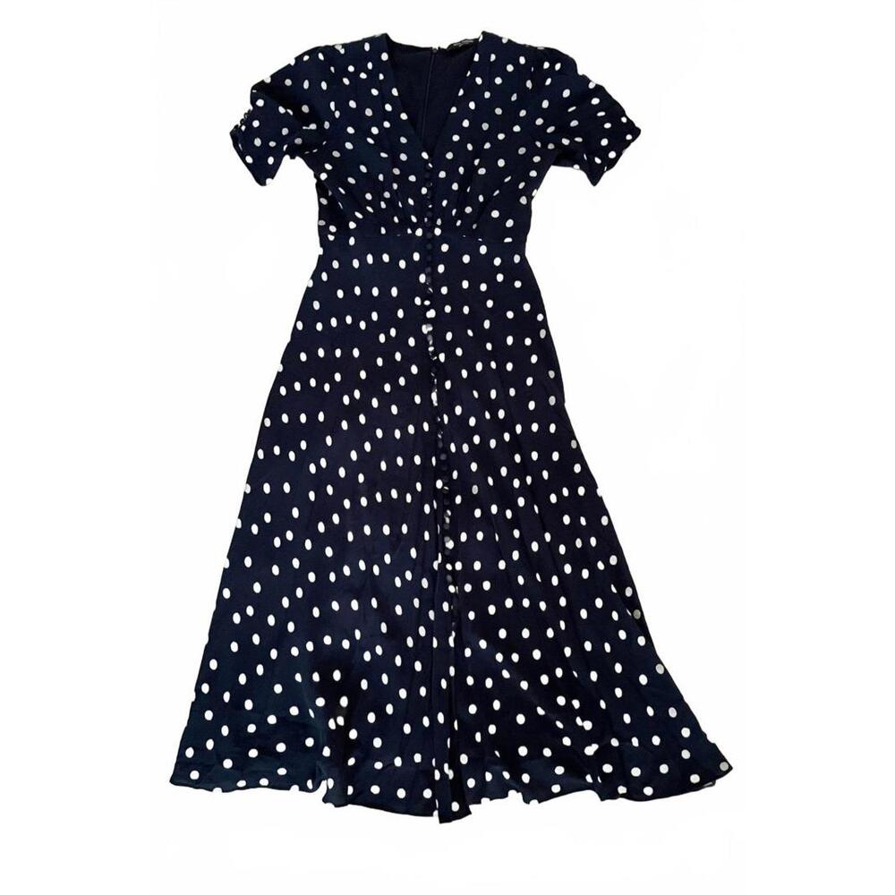 Beryl Garden Navy Polka Dot Midi Dress – Size S – 100% Viscose